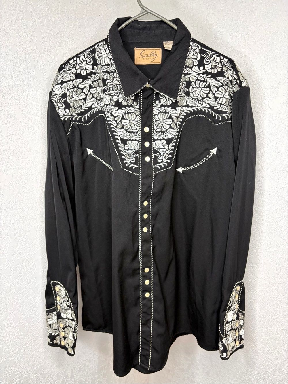 Scully Black Western Pearl Snap Embroidered Floral Yoke Long Sleeve Shirt Men 2X